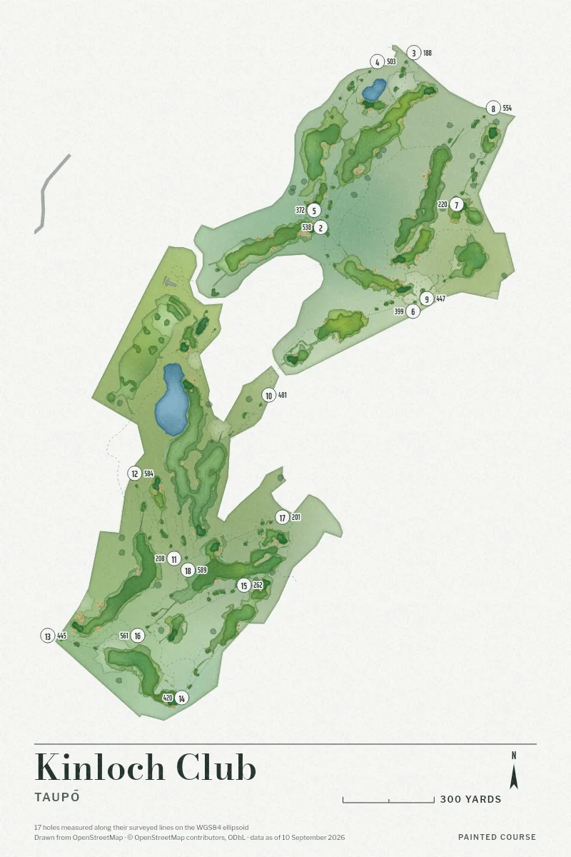 Kinloch Club, Taupō, New Zealand, drawn in the Watercolour style from its OpenStreetMap survey: 17 holes, each numbered at its tee with its measured yards beside it.