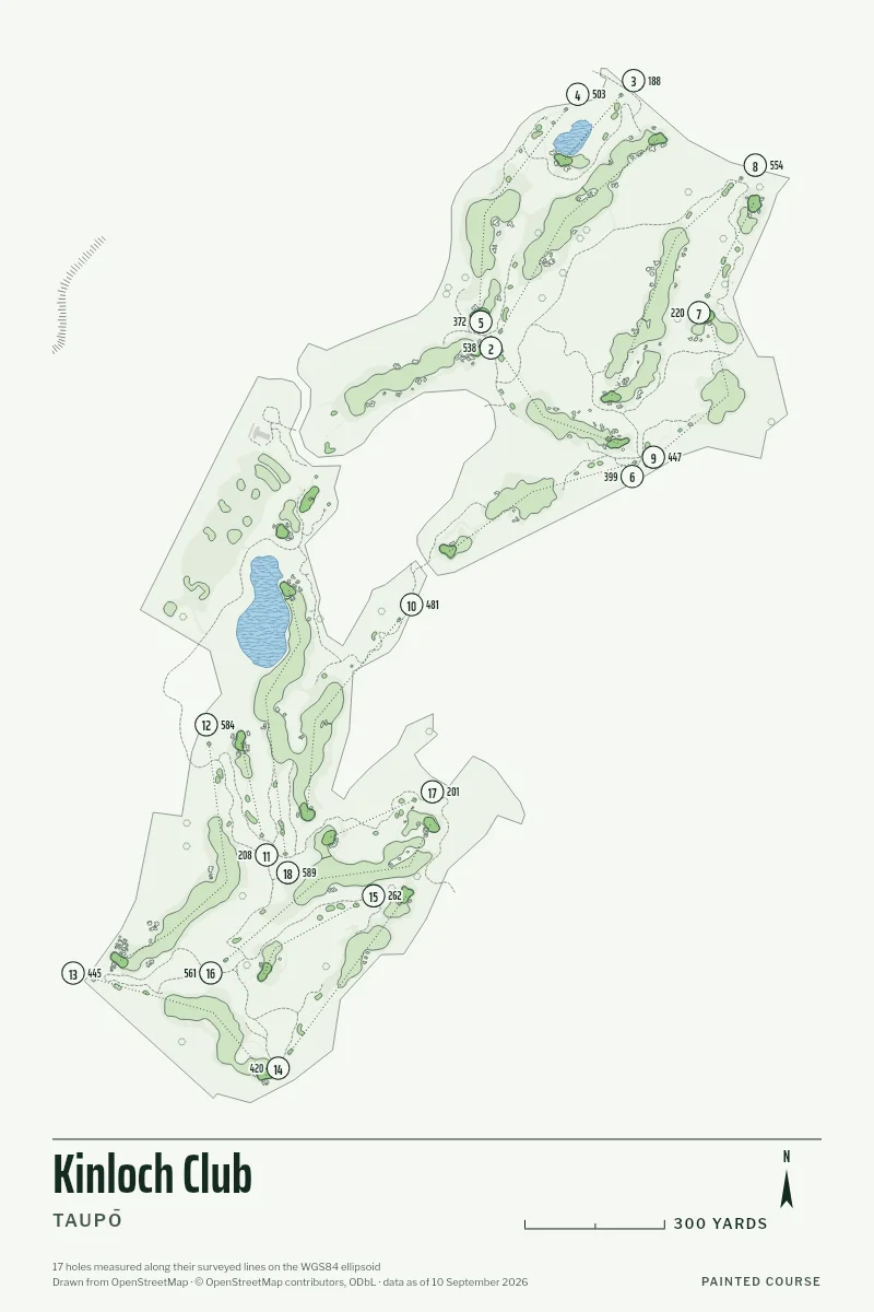 Kinloch Club, Taupō, New Zealand, drawn in the Yardage style from its OpenStreetMap survey: 17 holes, each numbered at its tee with its measured yards beside it.