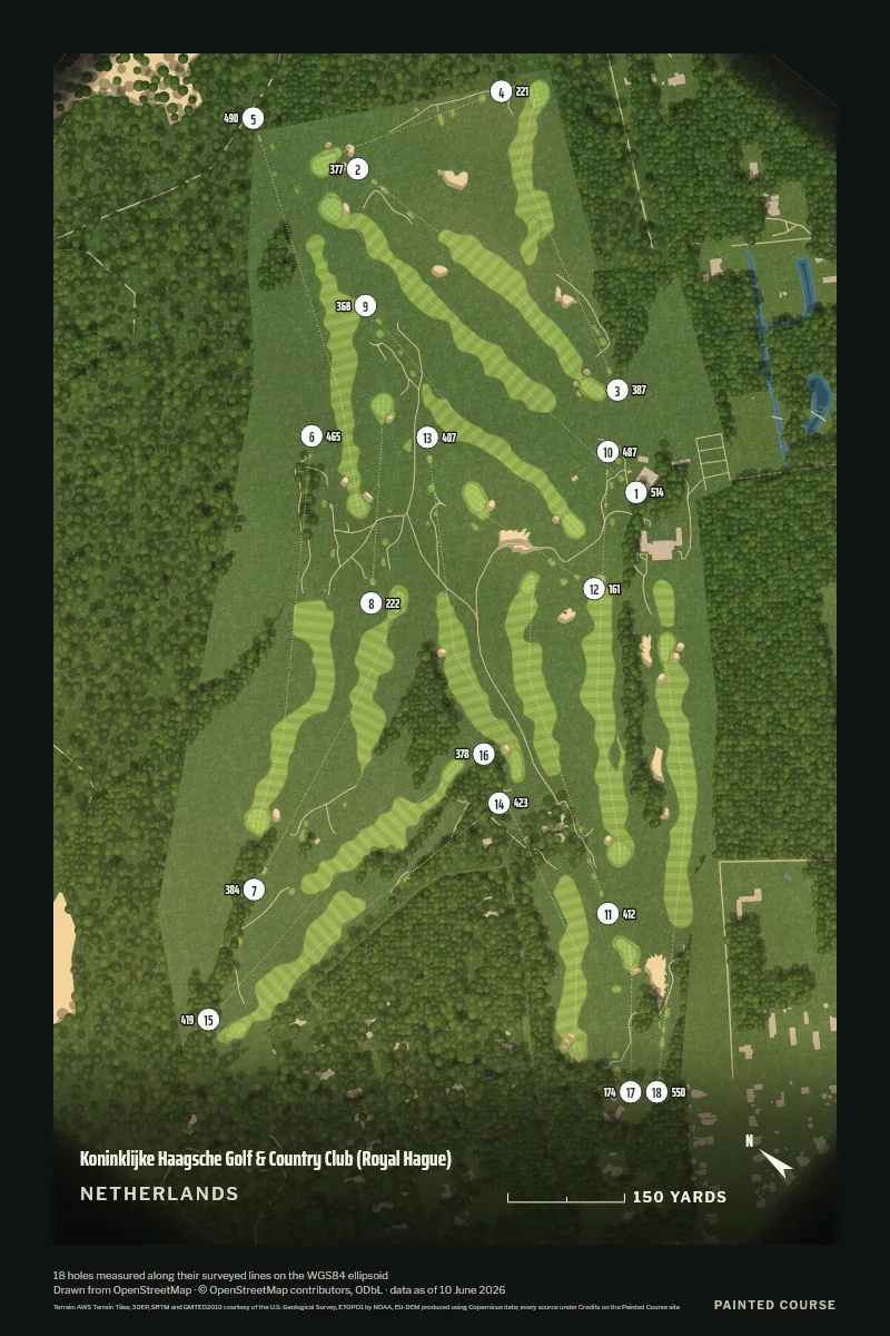 Koninklijke Haagsche Golf & Country Club (Royal Hague), Netherlands, drawn in the Aerial style from its OpenStreetMap survey: 18 holes, each numbered at its tee with its measured yards beside it.