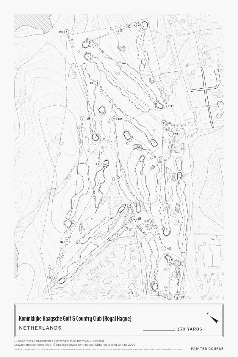 Koninklijke Haagsche Golf & Country Club (Royal Hague), Netherlands, drawn in the Architect style from its OpenStreetMap survey: 18 holes, each numbered at its tee with its measured yards beside it.