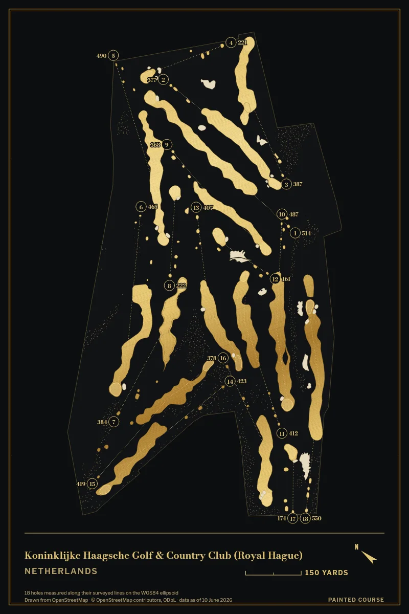 Koninklijke Haagsche Golf & Country Club (Royal Hague), Netherlands, drawn in the Gilt style from its OpenStreetMap survey: 18 holes, each numbered at its tee with its measured yards beside it.