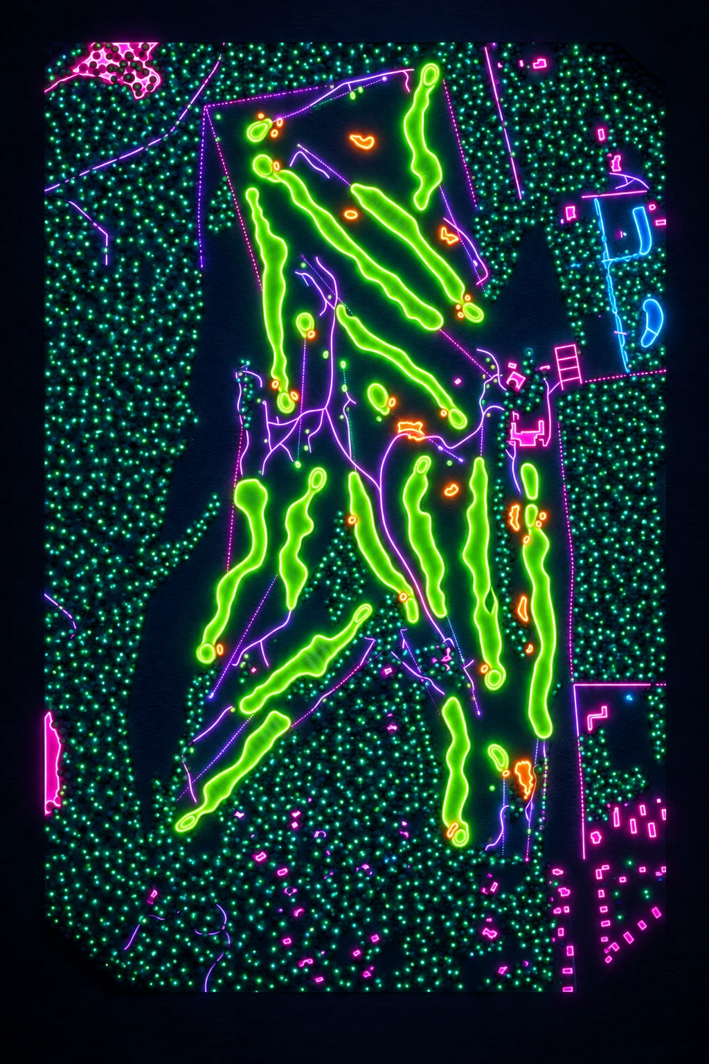 Koninklijke Haagsche Golf & Country Club (Royal Hague), Netherlands, seen from above and painted in the Neon manner: the routing of its 18 holes, its greens and its bunkers, in paint.