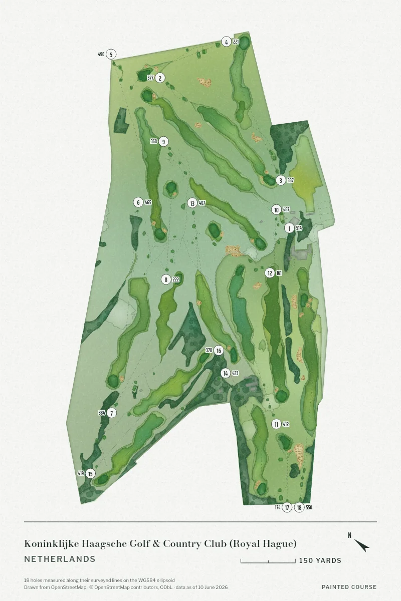 Koninklijke Haagsche Golf & Country Club (Royal Hague), Netherlands, drawn in the Watercolour style from its OpenStreetMap survey: 18 holes, each numbered at its tee with its measured yards beside it.