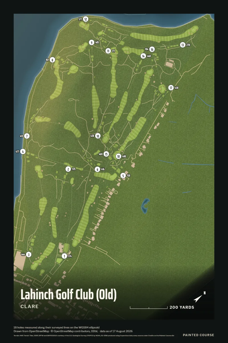 Lahinch Golf Club (Old), Clare, Ireland, drawn in the Aerial style from its OpenStreetMap survey: 18 holes, each numbered at its tee with its measured yards beside it.