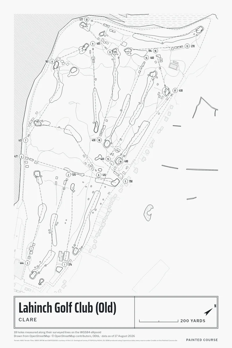 Lahinch Golf Club (Old), Clare, Ireland, drawn in the Architect style from its OpenStreetMap survey: 18 holes, each numbered at its tee with its measured yards beside it.