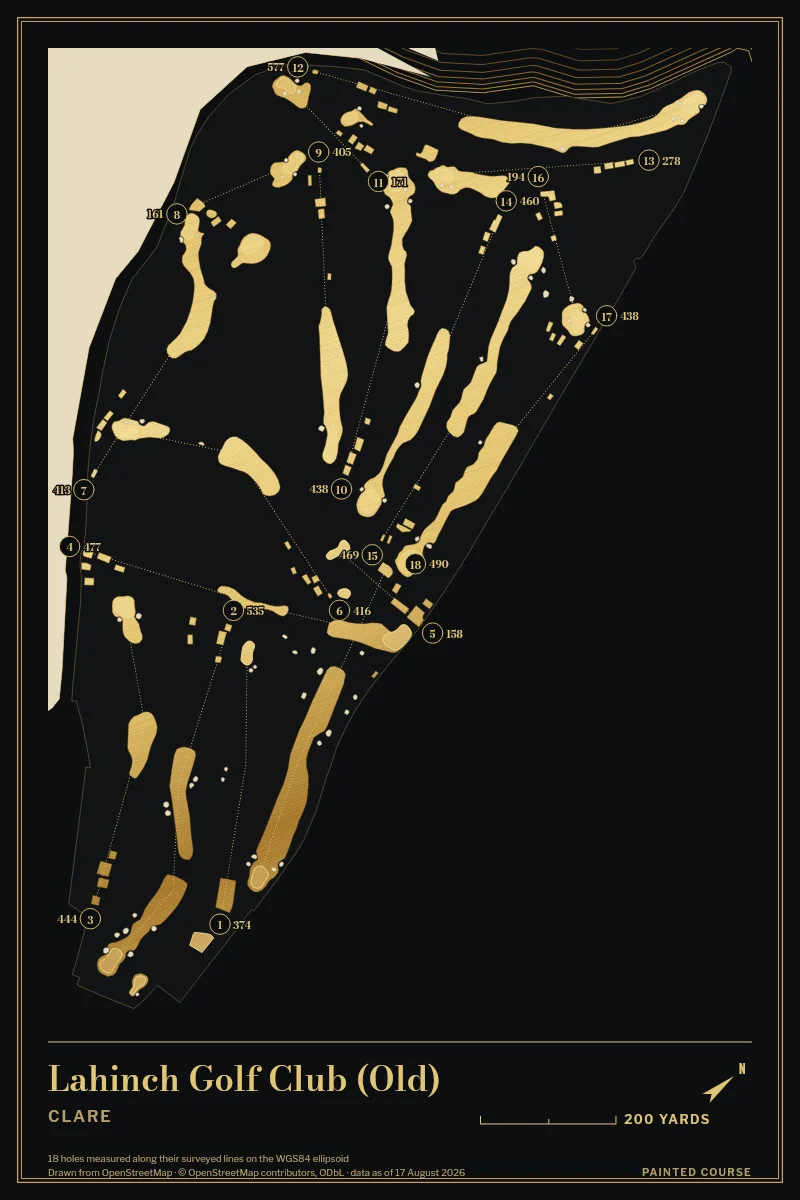 Lahinch Golf Club (Old), Clare, Ireland, drawn in the Gilt style from its OpenStreetMap survey: 18 holes, each numbered at its tee with its measured yards beside it.
