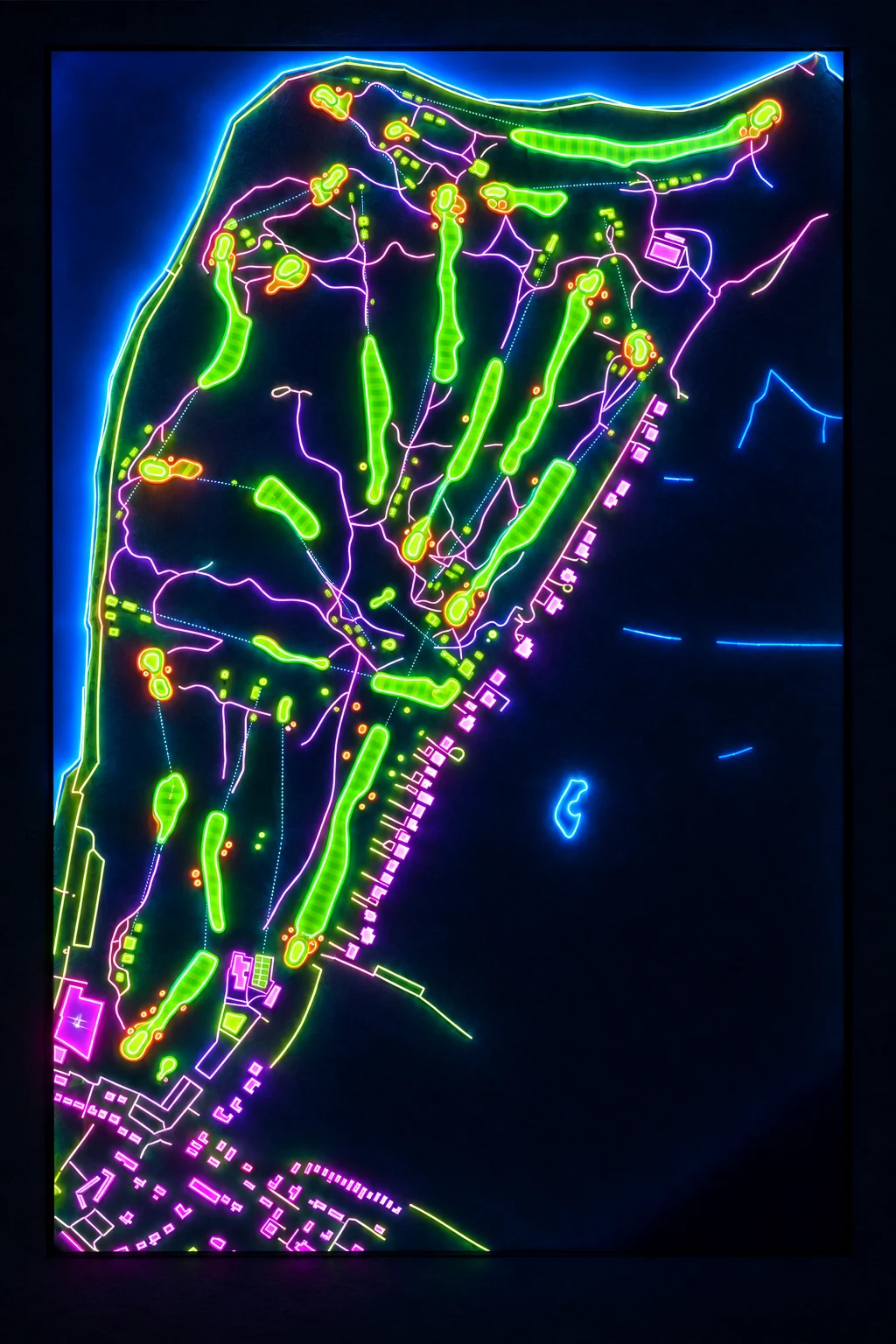 Lahinch Golf Club (Old), Clare, Ireland, seen from above and painted in the Neon manner: the routing of its 18 holes, its greens and its bunkers, in paint.