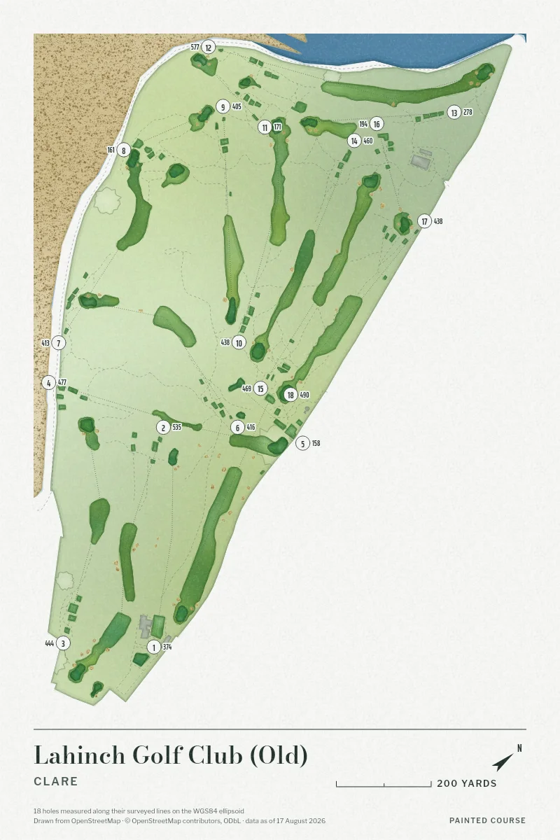 Lahinch Golf Club (Old), Clare, Ireland, drawn in the Watercolour style from its OpenStreetMap survey: 18 holes, each numbered at its tee with its measured yards beside it.
