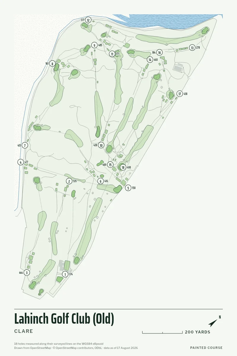 Lahinch Golf Club (Old), Clare, Ireland, drawn in the Yardage style from its OpenStreetMap survey: 18 holes, each numbered at its tee with its measured yards beside it.