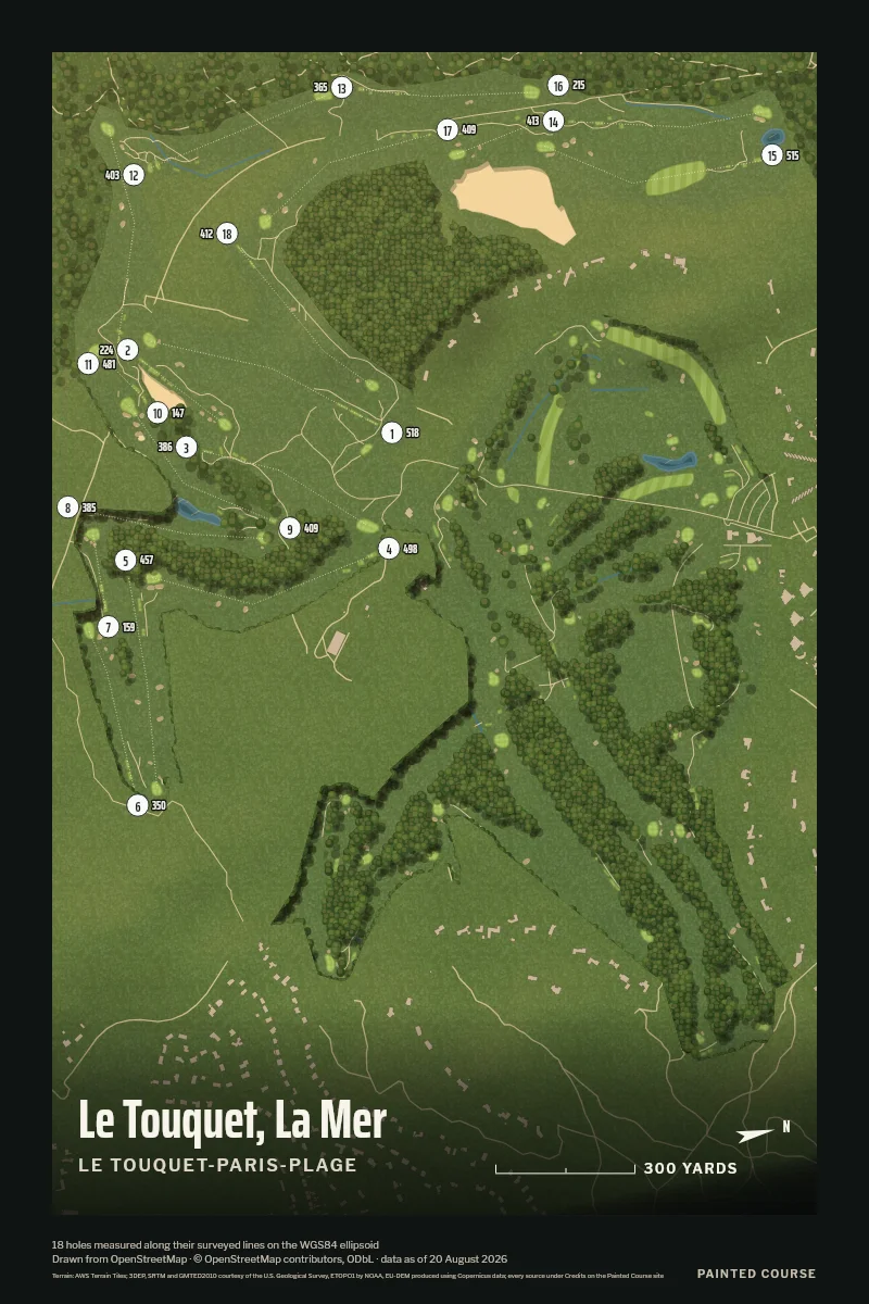 Le Touquet, La Mer, Le Touquet-Paris-Plage, France, drawn in the Aerial style from its OpenStreetMap survey: 18 holes, each numbered at its tee with its measured yards beside it.