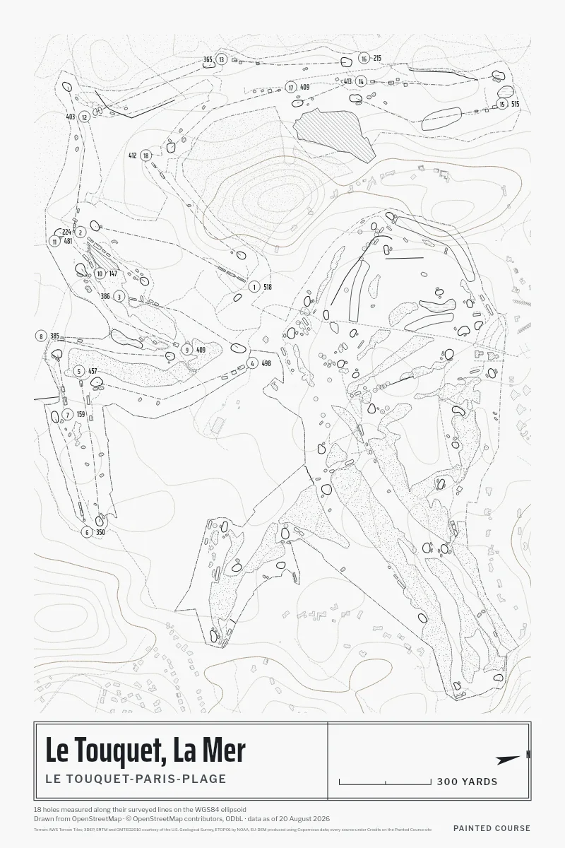 Le Touquet, La Mer, Le Touquet-Paris-Plage, France, drawn in the Architect style from its OpenStreetMap survey: 18 holes, each numbered at its tee with its measured yards beside it.
