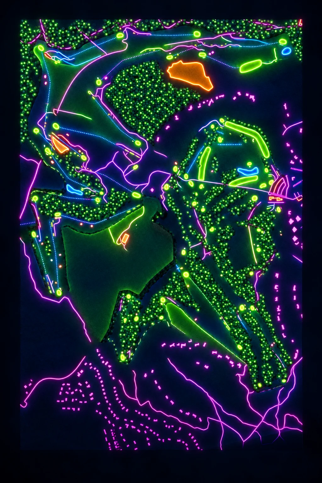 Le Touquet, La Mer, Le Touquet-Paris-Plage, France, seen from above and painted in the Neon manner: the routing of its 18 holes, its greens and its bunkers, in paint.