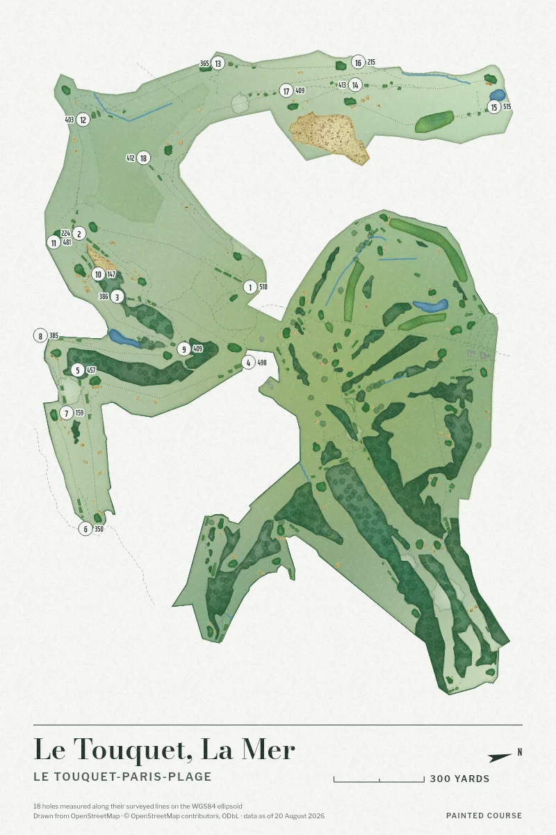 Le Touquet, La Mer, Le Touquet-Paris-Plage, France, drawn in the Watercolour style from its OpenStreetMap survey: 18 holes, each numbered at its tee with its measured yards beside it.