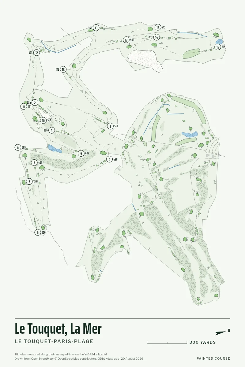 Le Touquet, La Mer, Le Touquet-Paris-Plage, France, drawn in the Yardage style from its OpenStreetMap survey: 18 holes, each numbered at its tee with its measured yards beside it.