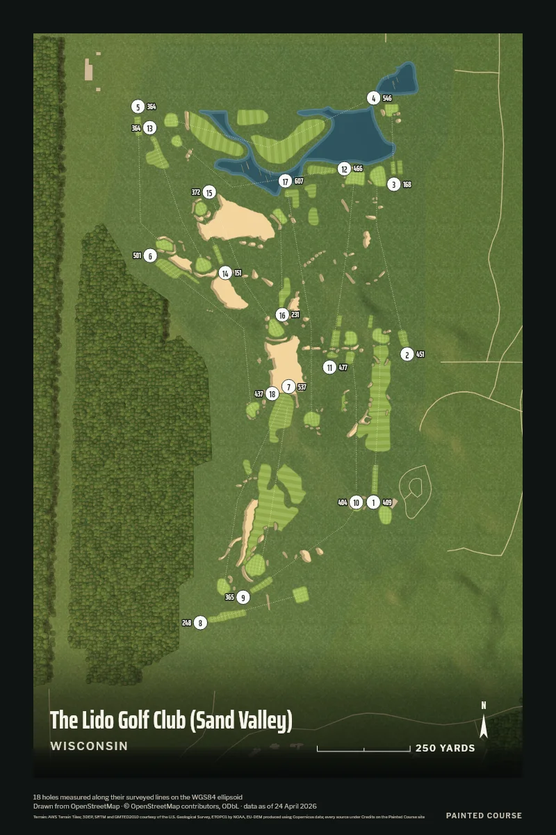 The Lido Golf Club (Sand Valley), Wisconsin, USA, drawn in the Aerial style from its OpenStreetMap survey: 18 holes, each numbered at its tee with its measured yards beside it.