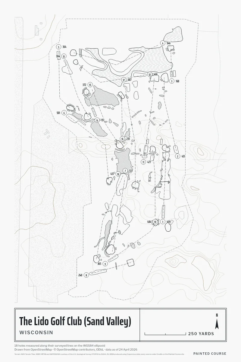 The Lido Golf Club (Sand Valley), Wisconsin, USA, drawn in the Architect style from its OpenStreetMap survey: 18 holes, each numbered at its tee with its measured yards beside it.