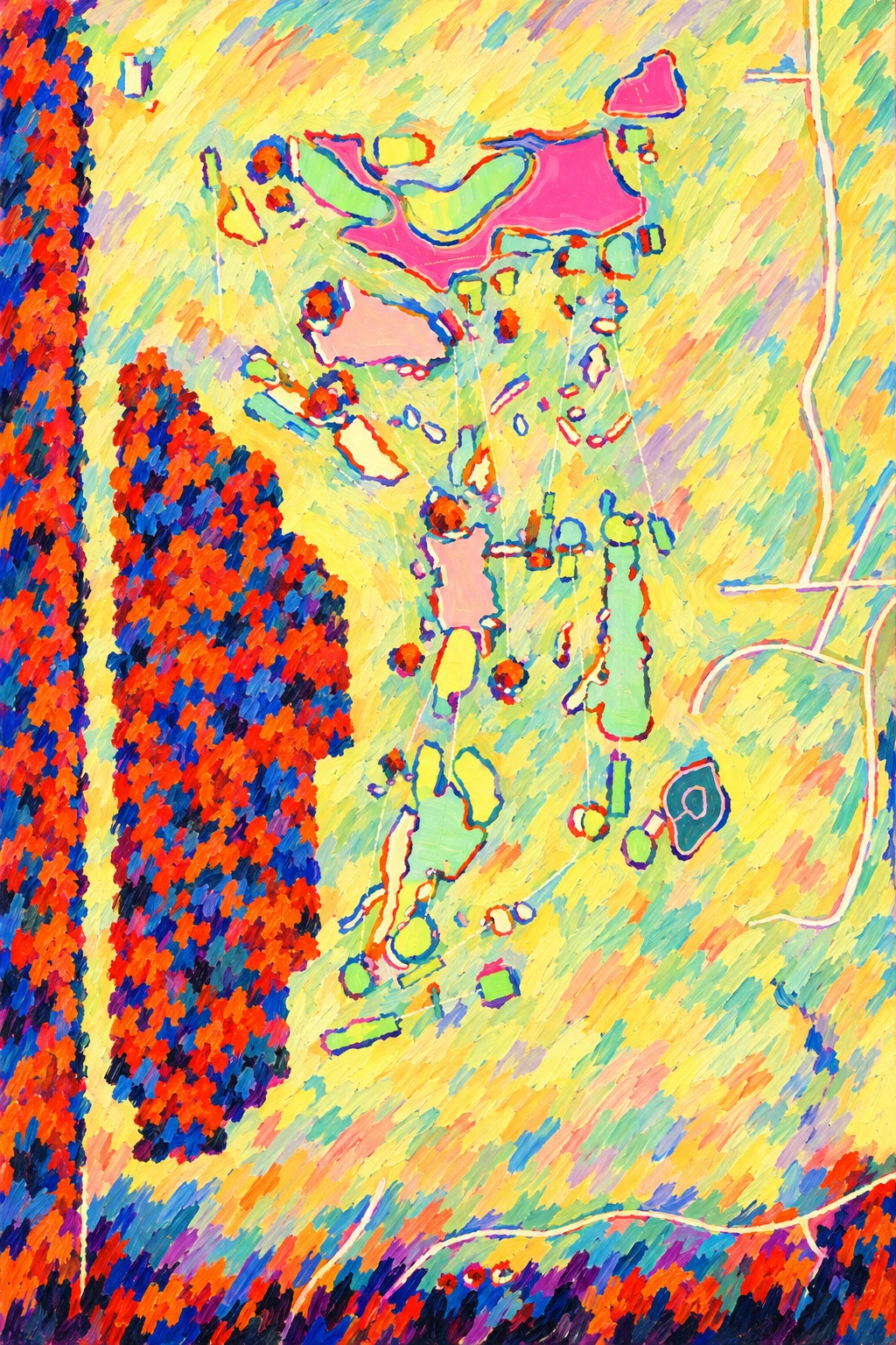 The Lido Golf Club (Sand Valley), Wisconsin, USA, seen from above and painted in the Fauve manner after the Fauves of 1905: the routing of its 18 holes, its greens and its bunkers, in paint.