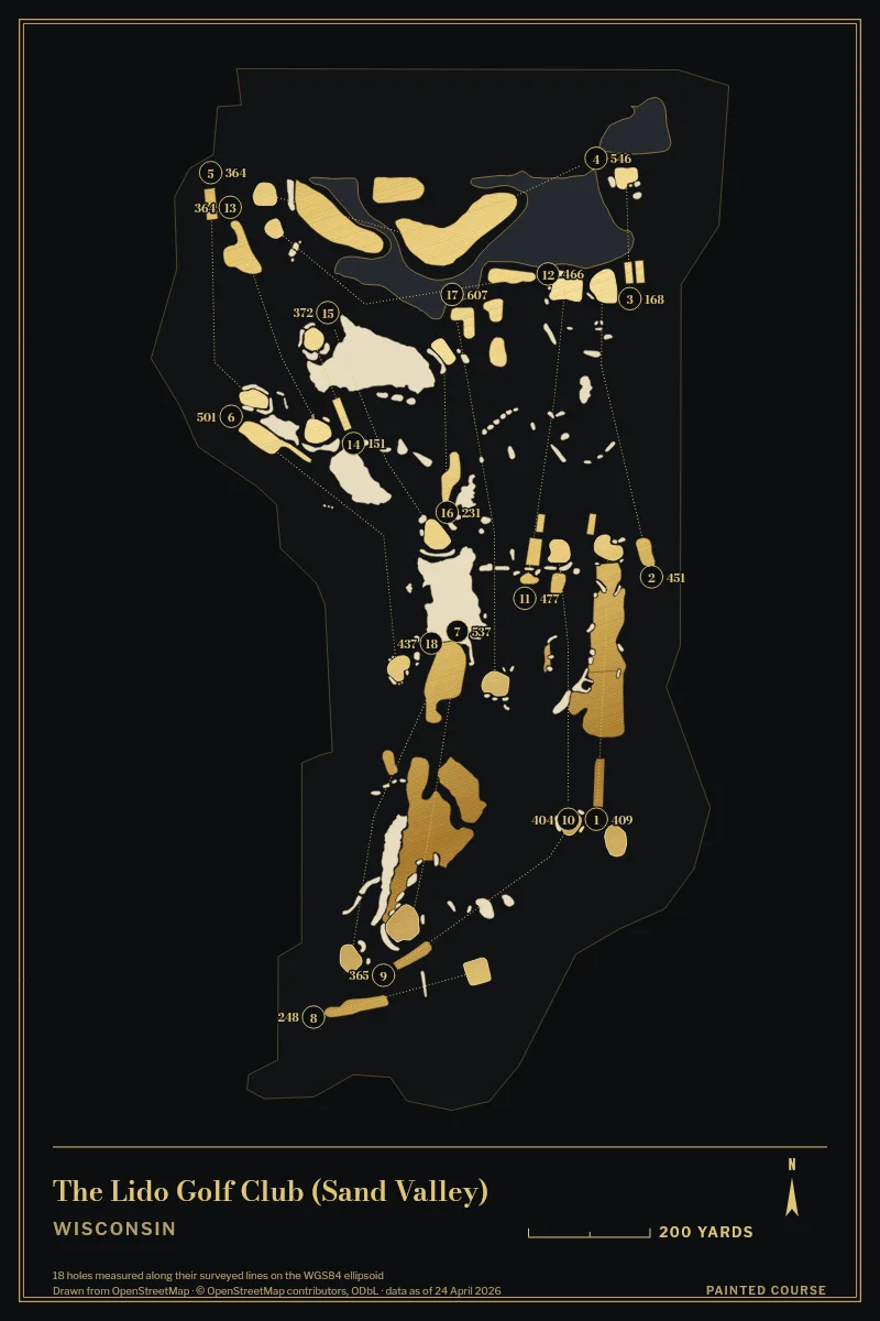 The Lido Golf Club (Sand Valley), Wisconsin, USA, drawn in the Gilt style from its OpenStreetMap survey: 18 holes, each numbered at its tee with its measured yards beside it.