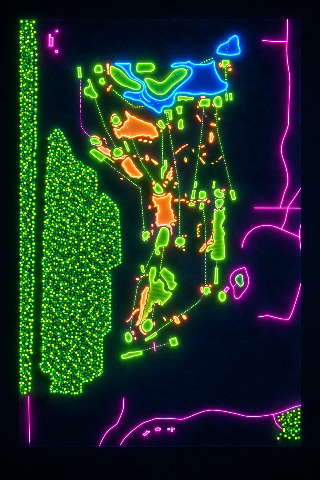 The Lido Golf Club (Sand Valley), Wisconsin, USA, seen from above and painted in the Neon manner: the routing of its 18 holes, its greens and its bunkers, in paint.