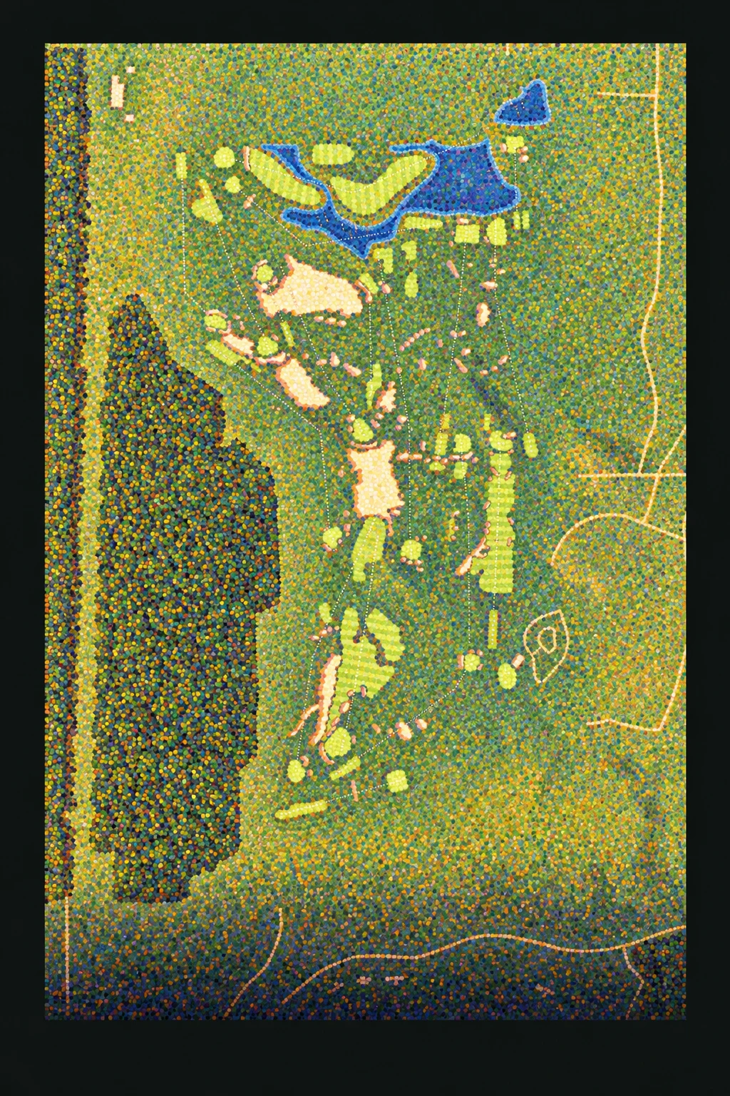 The Lido Golf Club (Sand Valley), Wisconsin, USA, seen from above and painted in the Pointillist manner after Georges Seurat: the routing of its 18 holes, its greens and its bunkers, in paint.