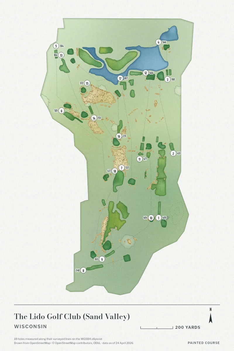 The Lido Golf Club (Sand Valley), Wisconsin, USA, drawn in the Watercolour style from its OpenStreetMap survey: 18 holes, each numbered at its tee with its measured yards beside it.
