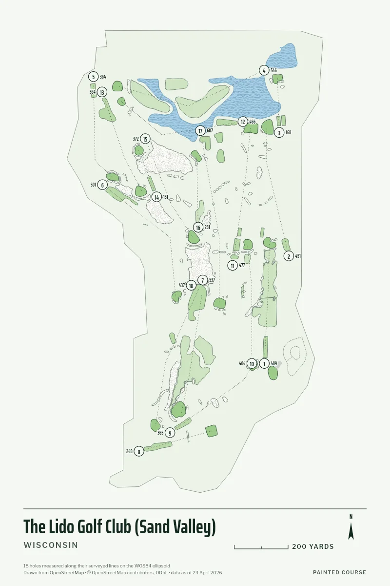 The Lido Golf Club (Sand Valley), Wisconsin, USA, drawn in the Yardage style from its OpenStreetMap survey: 18 holes, each numbered at its tee with its measured yards beside it.