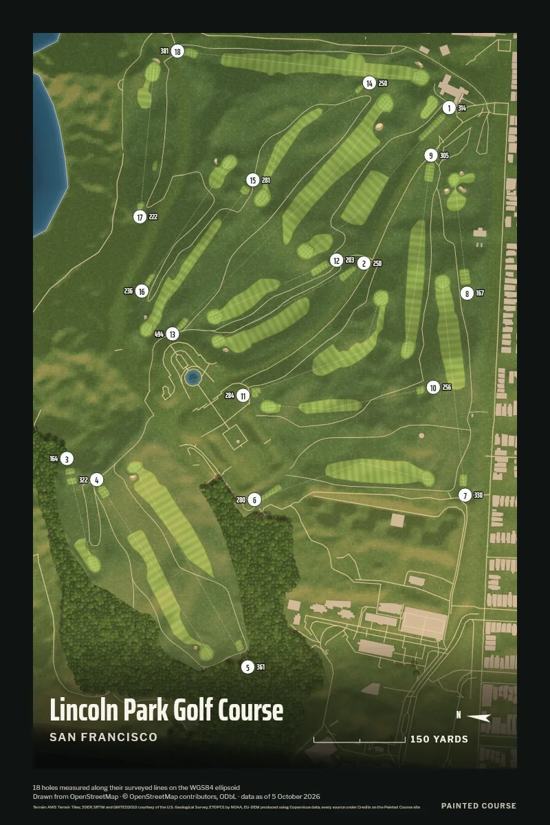Lincoln Park Golf Course, San Francisco, California, USA, drawn in the Aerial style from its OpenStreetMap survey: 18 holes, each numbered at its tee with its measured yards beside it.