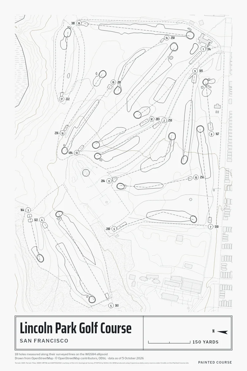 Lincoln Park Golf Course, San Francisco, California, USA, drawn in the Architect style from its OpenStreetMap survey: 18 holes, each numbered at its tee with its measured yards beside it.