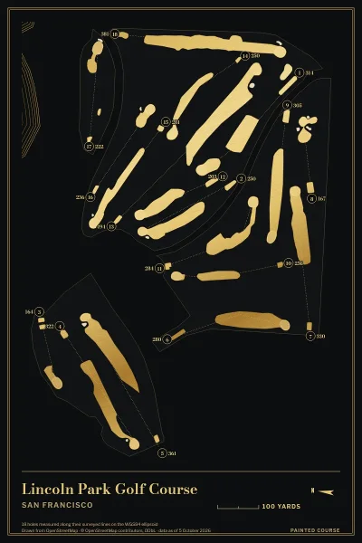 Lincoln Park Golf Course, San Francisco, California, USA, drawn in the Gilt style from its OpenStreetMap survey: 18 holes, each numbered at its tee with its measured yards beside it.