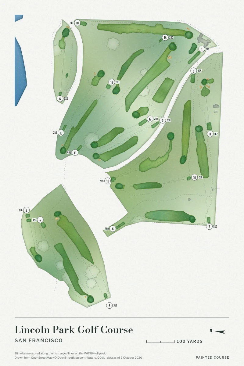 Lincoln Park Golf Course, San Francisco, California, USA, drawn in the Watercolour style from its OpenStreetMap survey: 18 holes, each numbered at its tee with its measured yards beside it.