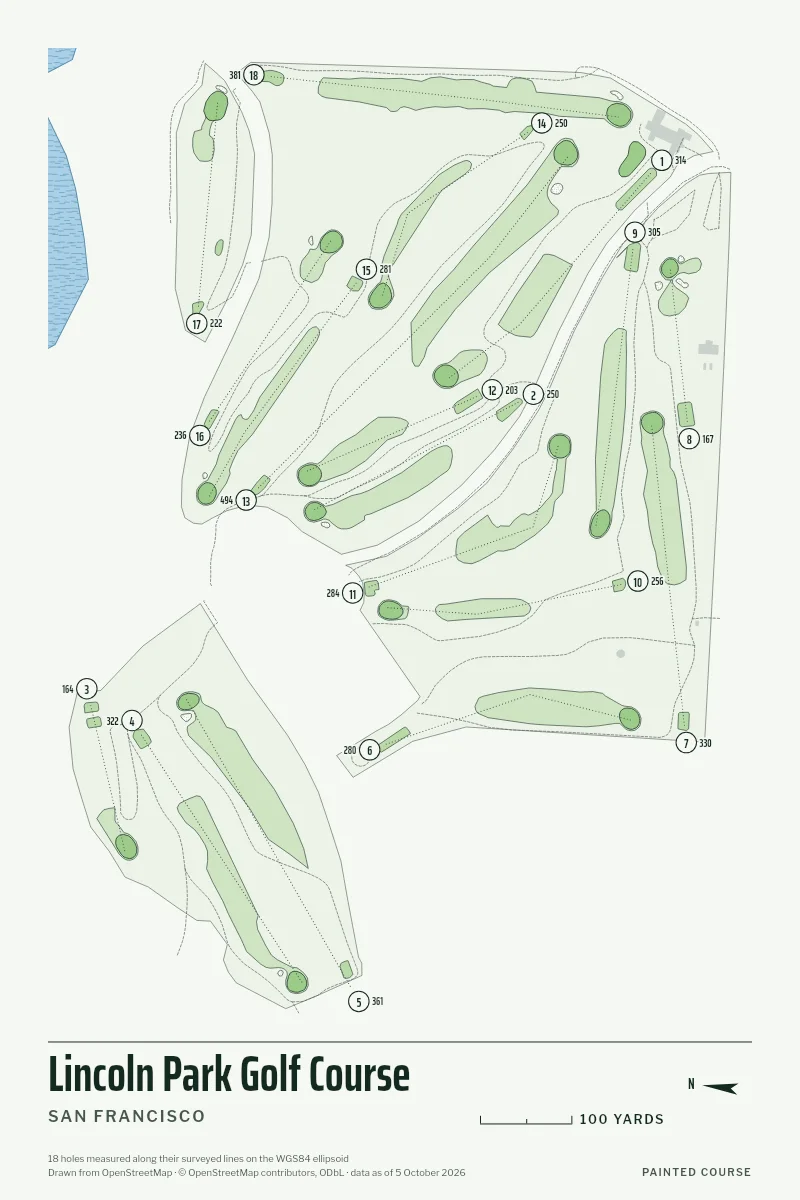 Lincoln Park Golf Course, San Francisco, California, USA, drawn in the Yardage style from its OpenStreetMap survey: 18 holes, each numbered at its tee with its measured yards beside it.