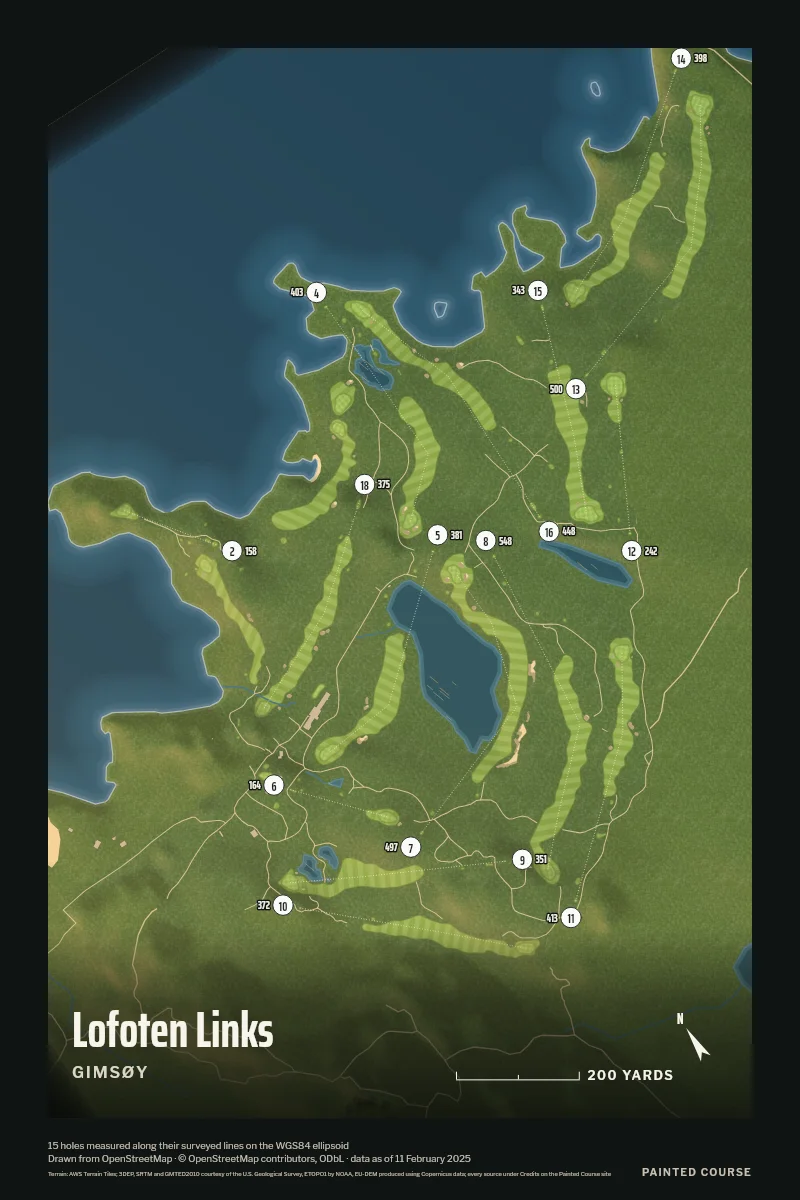 Lofoten Links, Gimsøy, Norway, drawn in the Aerial style from its OpenStreetMap survey: 15 holes, each numbered at its tee with its measured yards beside it.
