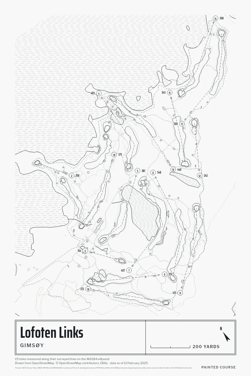 Lofoten Links, Gimsøy, Norway, drawn in the Architect style from its OpenStreetMap survey: 15 holes, each numbered at its tee with its measured yards beside it.