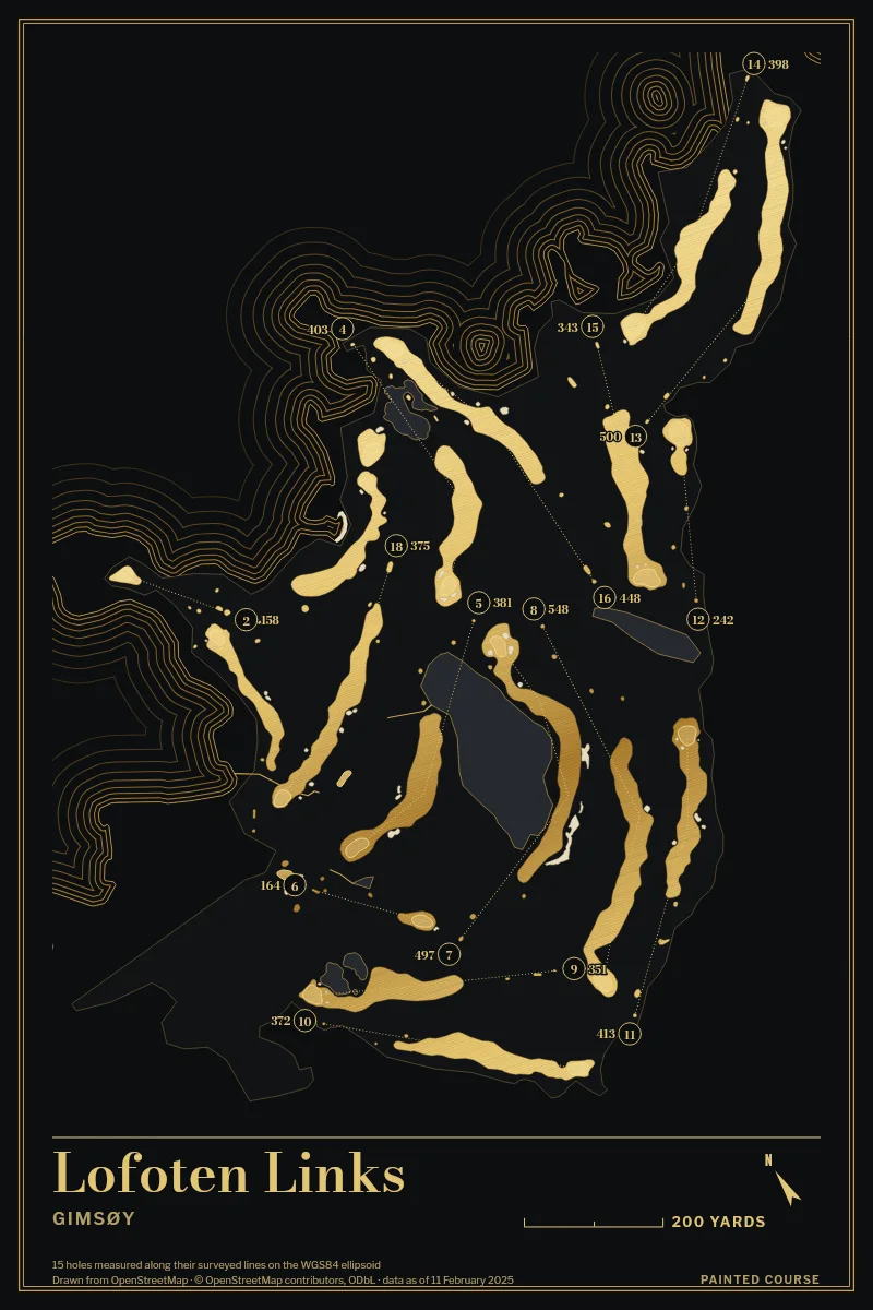 Lofoten Links, Gimsøy, Norway, drawn in the Gilt style from its OpenStreetMap survey: 15 holes, each numbered at its tee with its measured yards beside it.