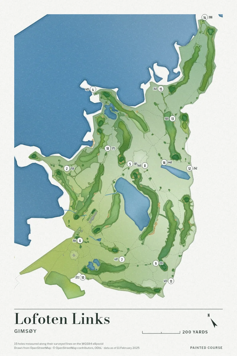 Lofoten Links, Gimsøy, Norway, drawn in the Watercolour style from its OpenStreetMap survey: 15 holes, each numbered at its tee with its measured yards beside it.