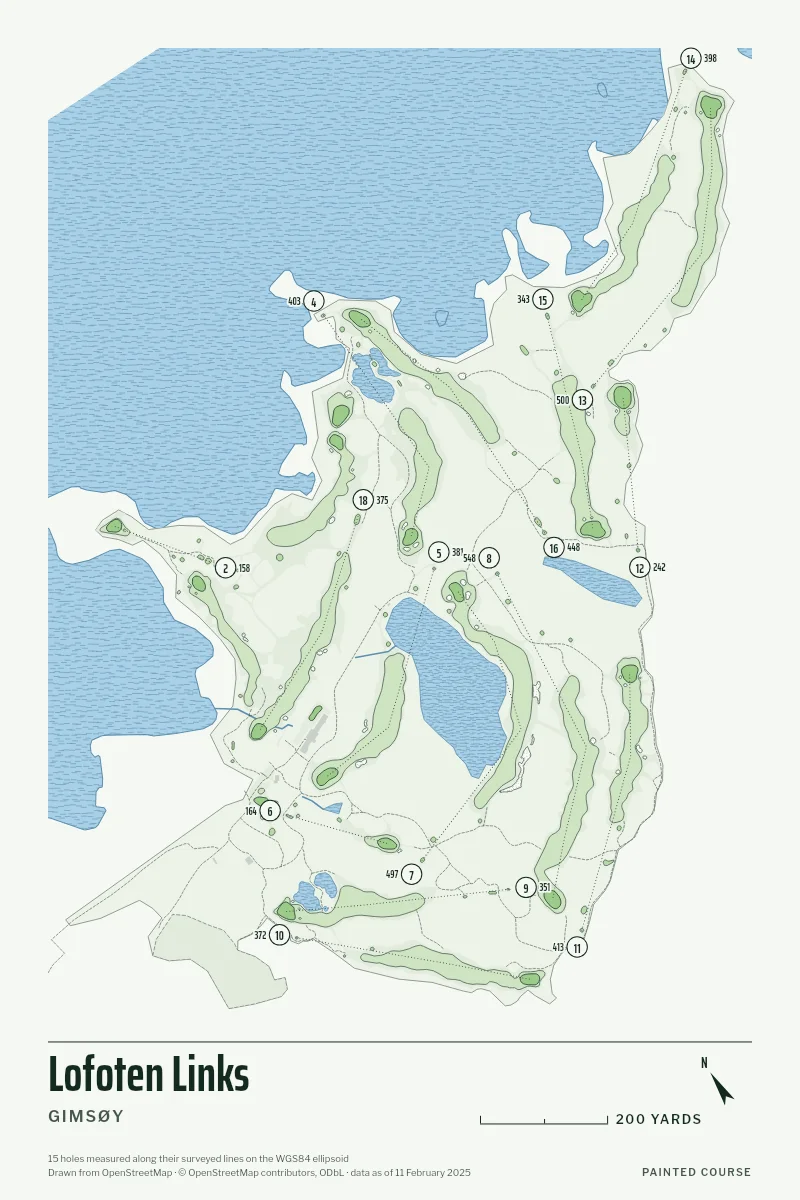 Lofoten Links, Gimsøy, Norway, drawn in the Yardage style from its OpenStreetMap survey: 15 holes, each numbered at its tee with its measured yards beside it.