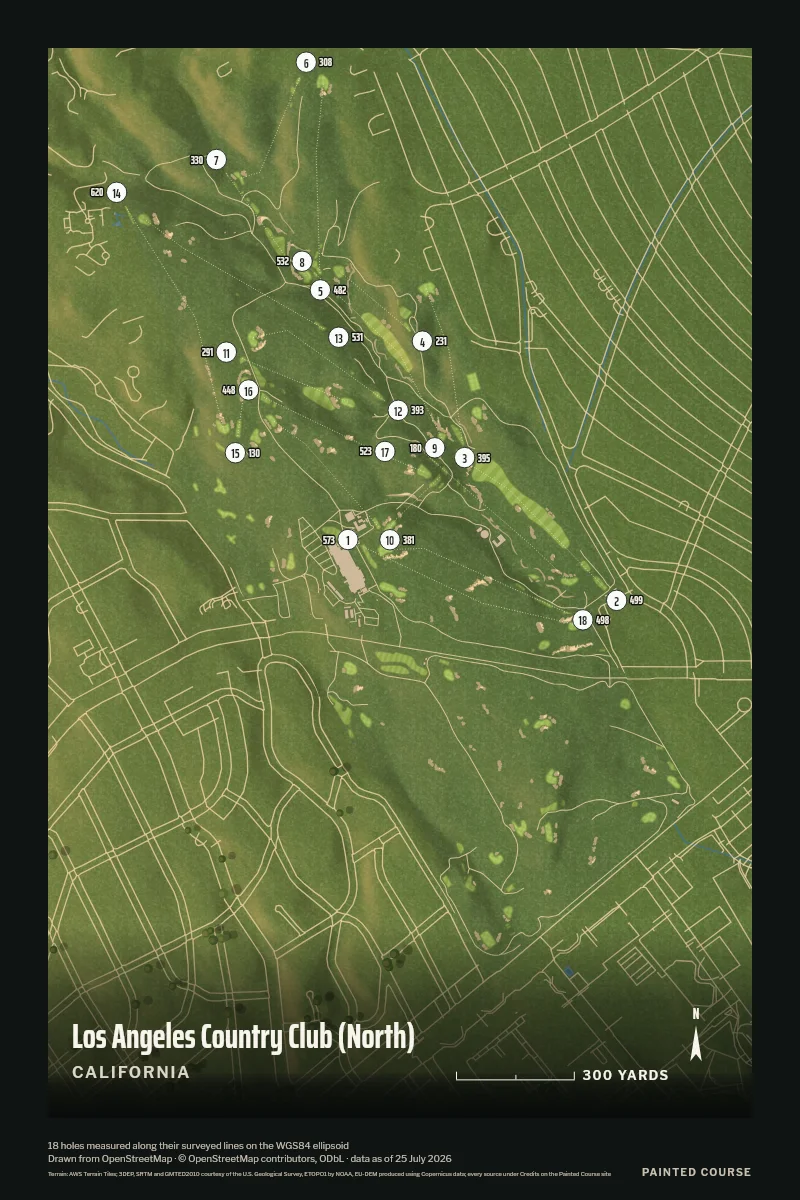 Los Angeles Country Club (North), California, USA, drawn in the Aerial style from its OpenStreetMap survey: 18 holes, each numbered at its tee with its measured yards beside it.