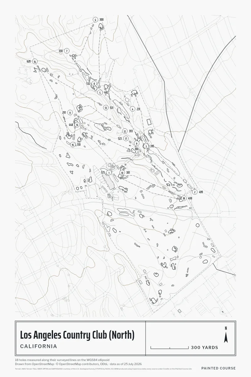 Los Angeles Country Club (North), California, USA, drawn in the Architect style from its OpenStreetMap survey: 18 holes, each numbered at its tee with its measured yards beside it.