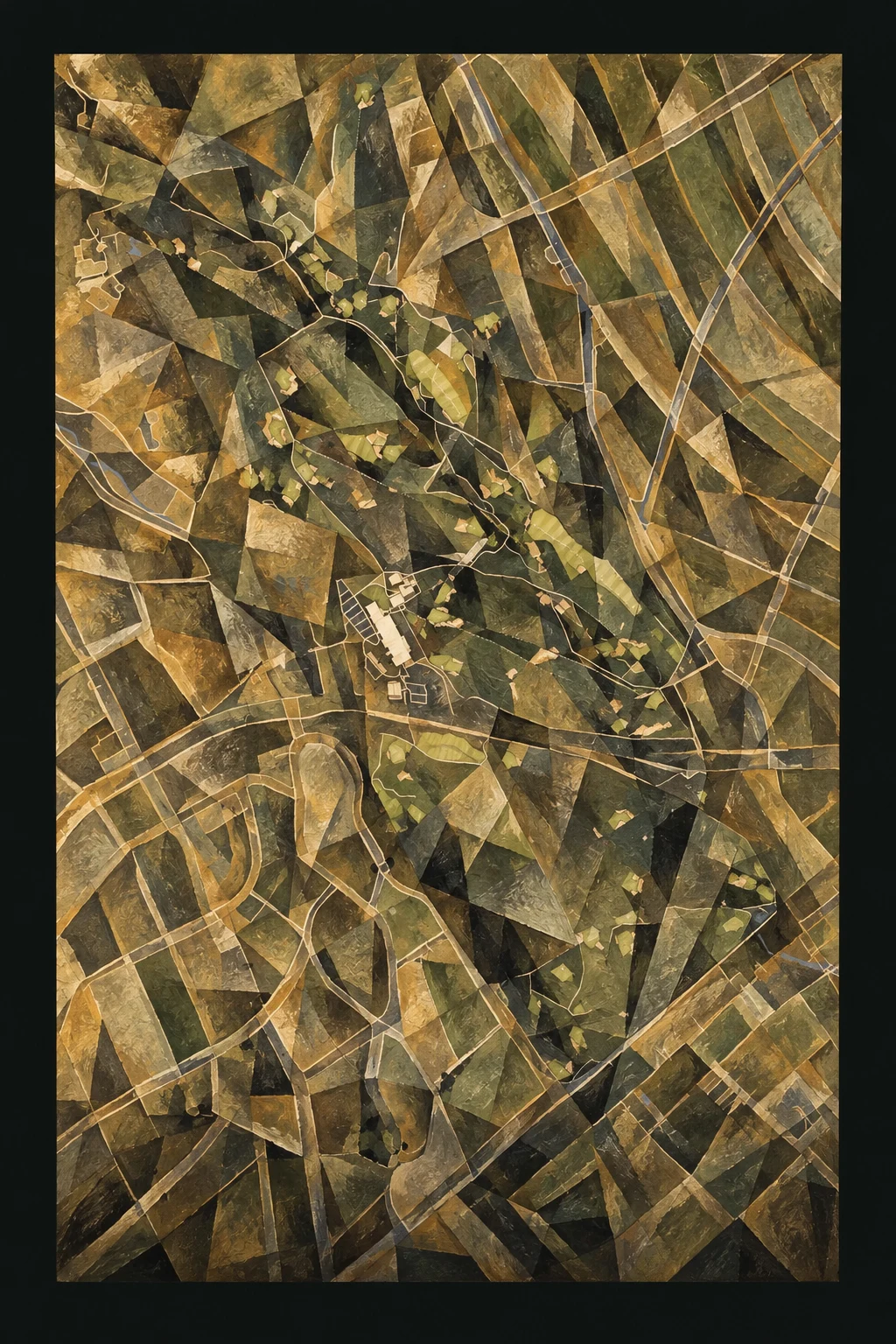 Los Angeles Country Club (North), California, USA, seen from above and painted in the Cubist manner after Picasso and Braque: the routing of its 18 holes, its greens and its bunkers, in paint.