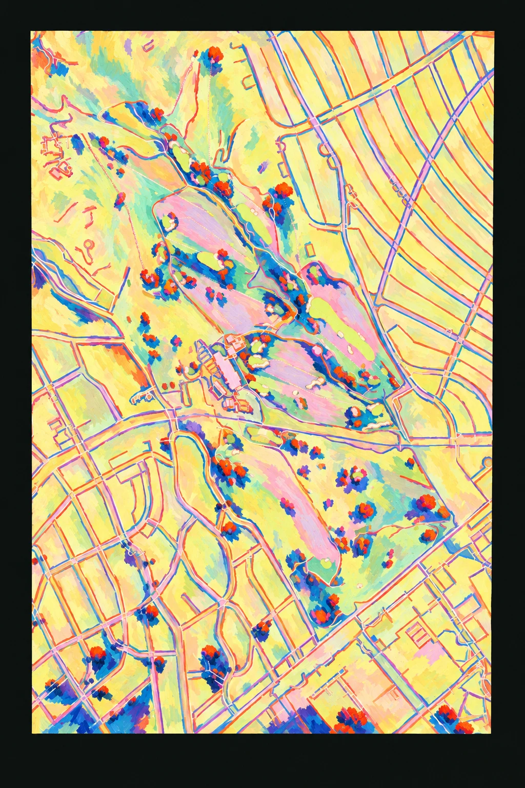 Los Angeles Country Club (North), California, USA, seen from above and painted in the Fauve manner after the Fauves of 1905: the routing of its 18 holes, its greens and its bunkers, in paint.
