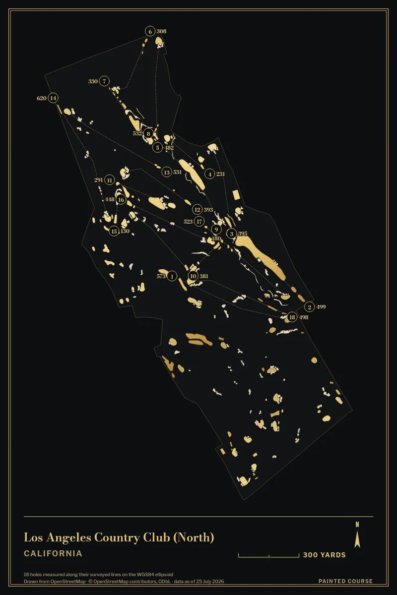 Los Angeles Country Club (North), California, USA, drawn in the Gilt style from its OpenStreetMap survey: 18 holes, each numbered at its tee with its measured yards beside it.