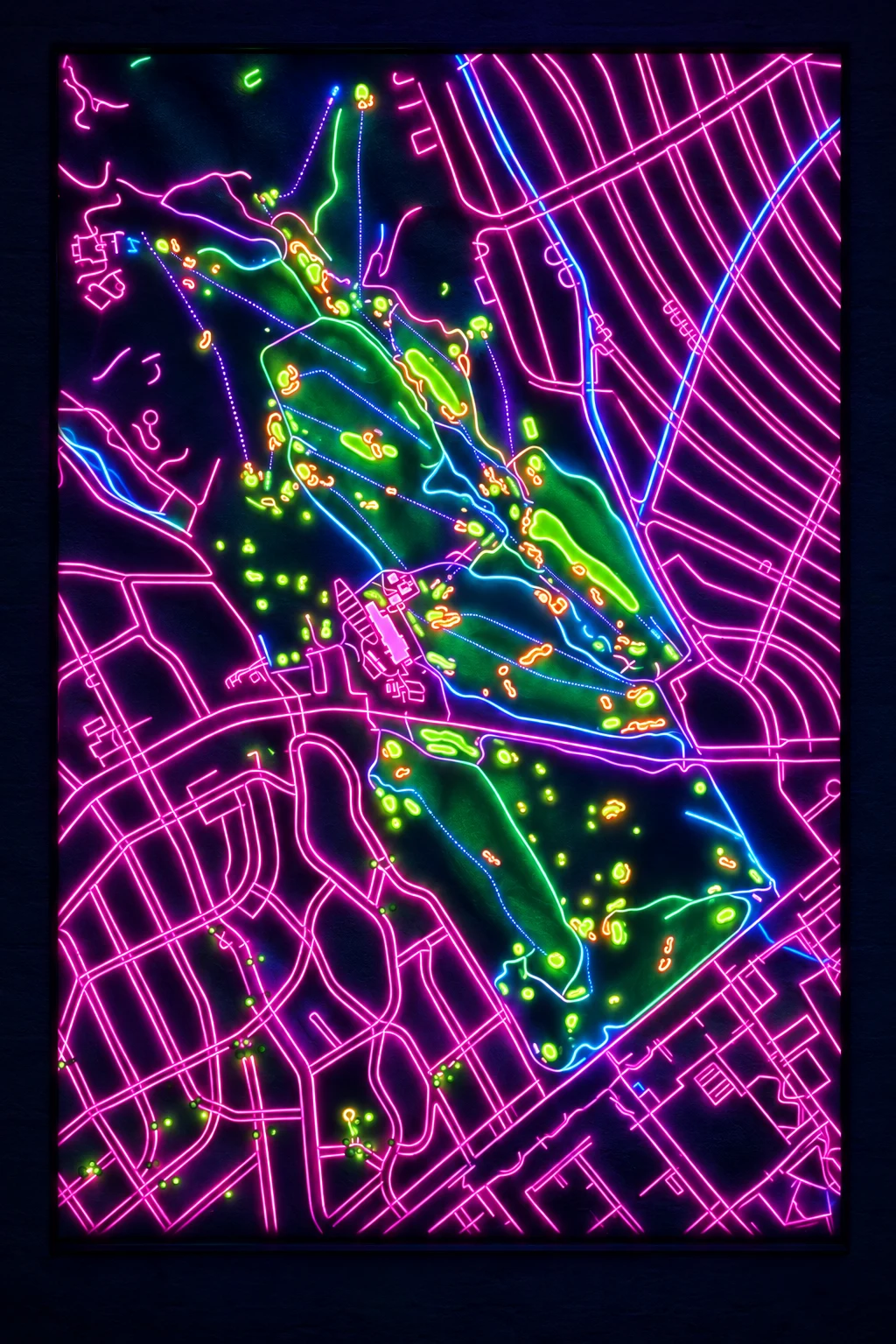 Los Angeles Country Club (North), California, USA, seen from above and painted in the Neon manner: the routing of its 18 holes, its greens and its bunkers, in paint.