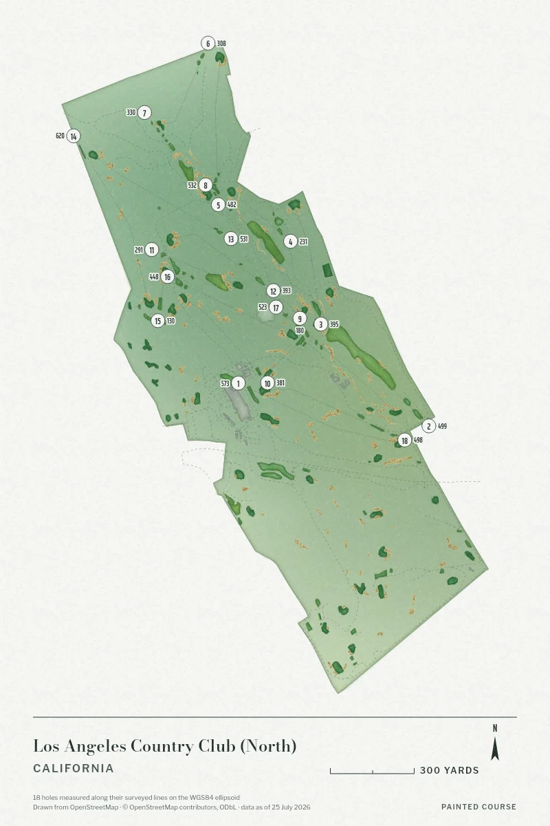 Los Angeles Country Club (North), California, USA, drawn in the Watercolour style from its OpenStreetMap survey: 18 holes, each numbered at its tee with its measured yards beside it.