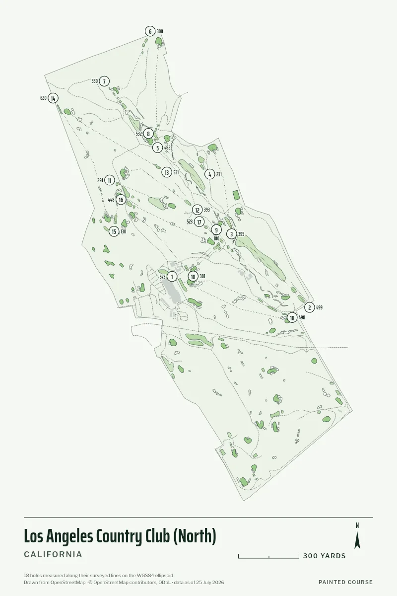 Los Angeles Country Club (North), California, USA, drawn in the Yardage style from its OpenStreetMap survey: 18 holes, each numbered at its tee with its measured yards beside it.