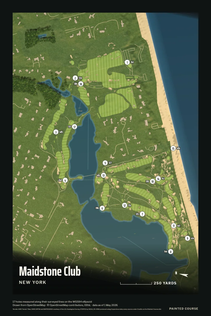 Maidstone Club, New York, USA, drawn in the Aerial style from its OpenStreetMap survey: 17 holes, each numbered at its tee with its measured yards beside it.