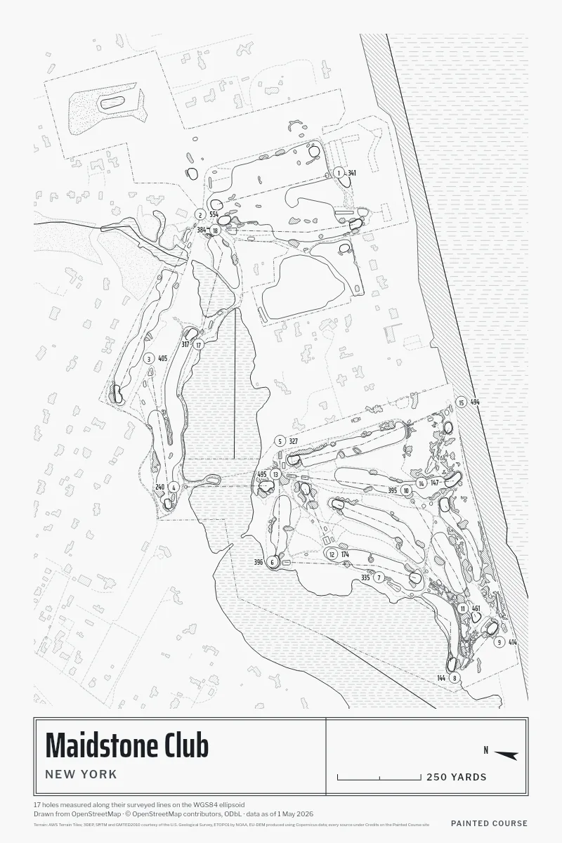 Maidstone Club, New York, USA, drawn in the Architect style from its OpenStreetMap survey: 17 holes, each numbered at its tee with its measured yards beside it.