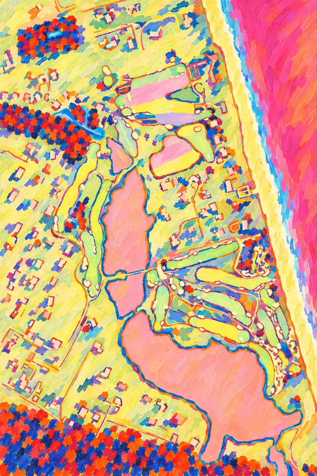 Maidstone Club, New York, USA, seen from above and painted in the Fauve manner after the Fauves of 1905: the routing of its 17 holes, its greens and its bunkers, in paint.