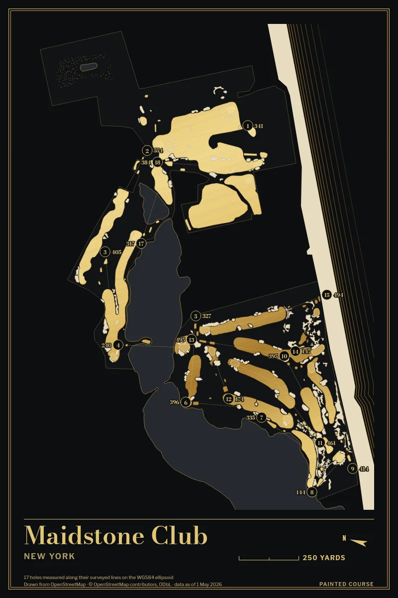 Maidstone Club, New York, USA, drawn in the Gilt style from its OpenStreetMap survey: 17 holes, each numbered at its tee with its measured yards beside it.