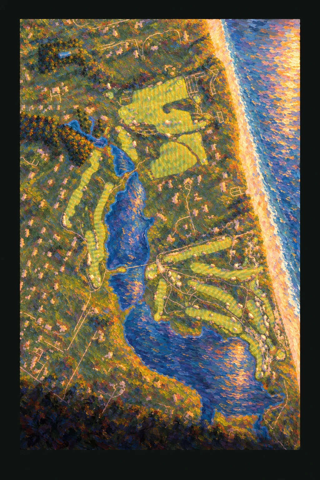 Maidstone Club, New York, USA, seen from above and painted in the Impressionist manner after Claude Monet: the routing of its 17 holes, its greens and its bunkers, in paint.