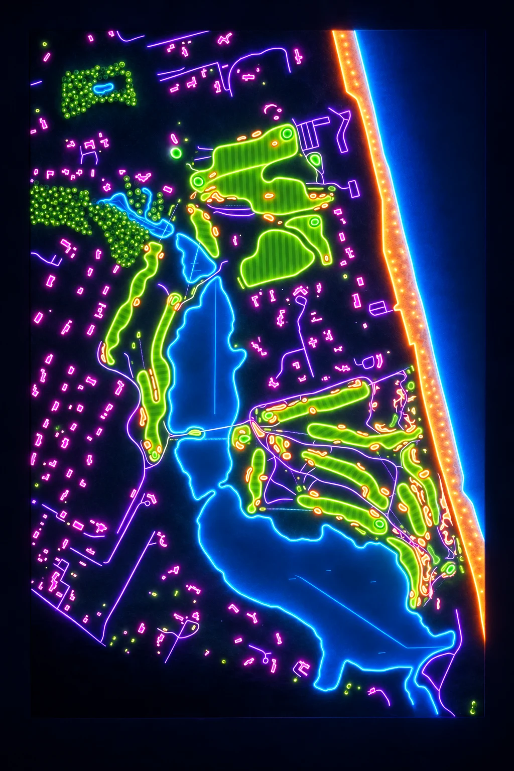 Maidstone Club, New York, USA, seen from above and painted in the Neon manner: the routing of its 17 holes, its greens and its bunkers, in paint.